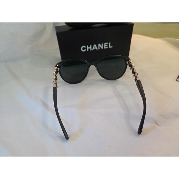 Chanel CLASSIC Black CAT- EYE Sunglasses GOLD CHAIN Leather GOLD CC logo Box main image 6